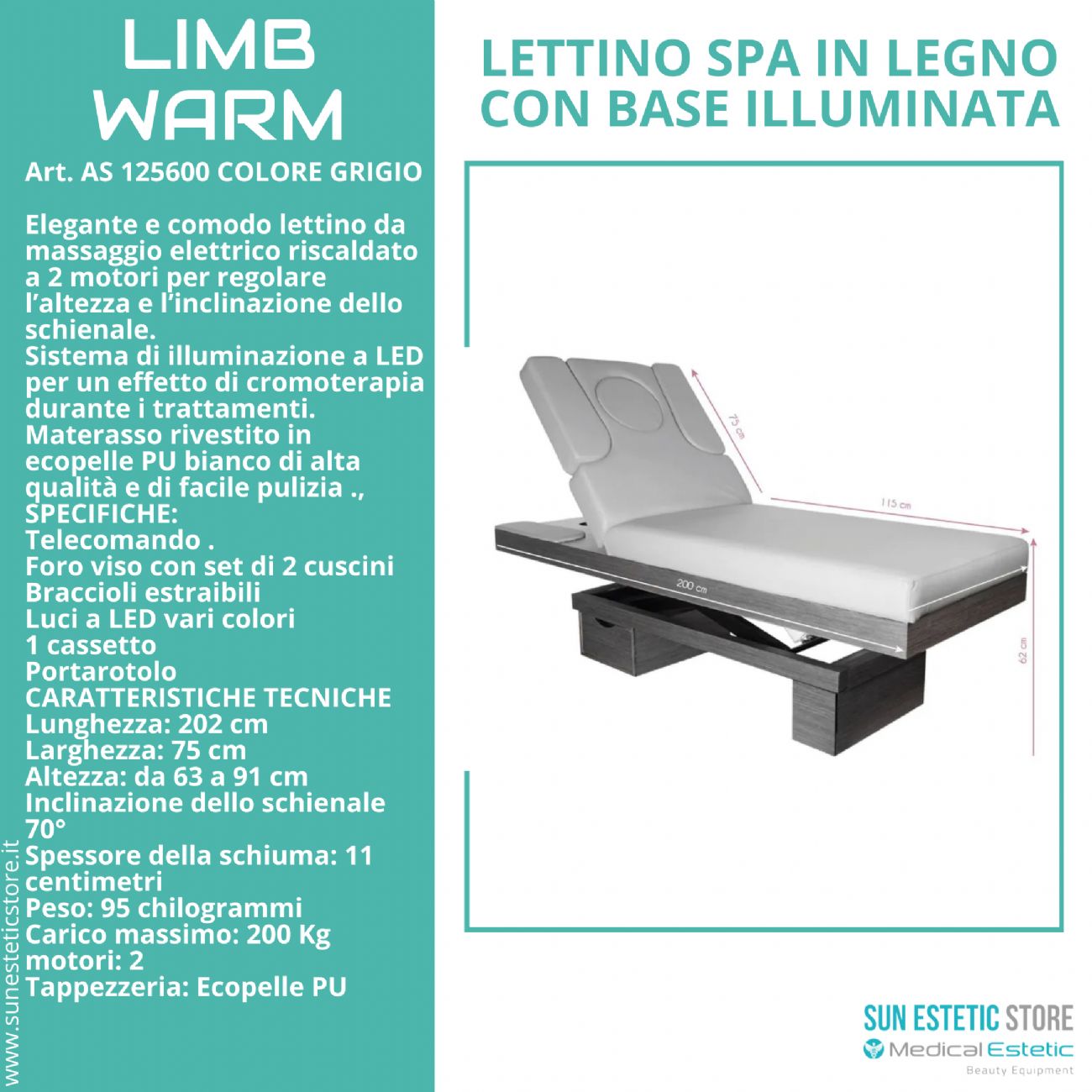 LIMB WARM Lettino Spa in legno con cassetto base illuminata<br />regolabile 2 motori termoriscaldato