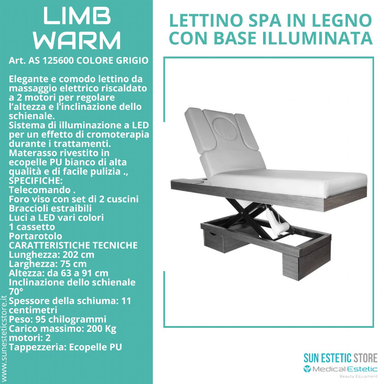 LIMB WARM Lettino Spa in legno con cassetto base illuminata<br />regolabile 2 motori termoriscaldato