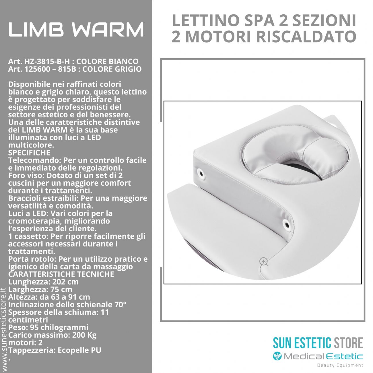 LIMB WARM Lettino Spa in legno con cassetto base illuminata<br />regolabile 2 motori termoriscaldato