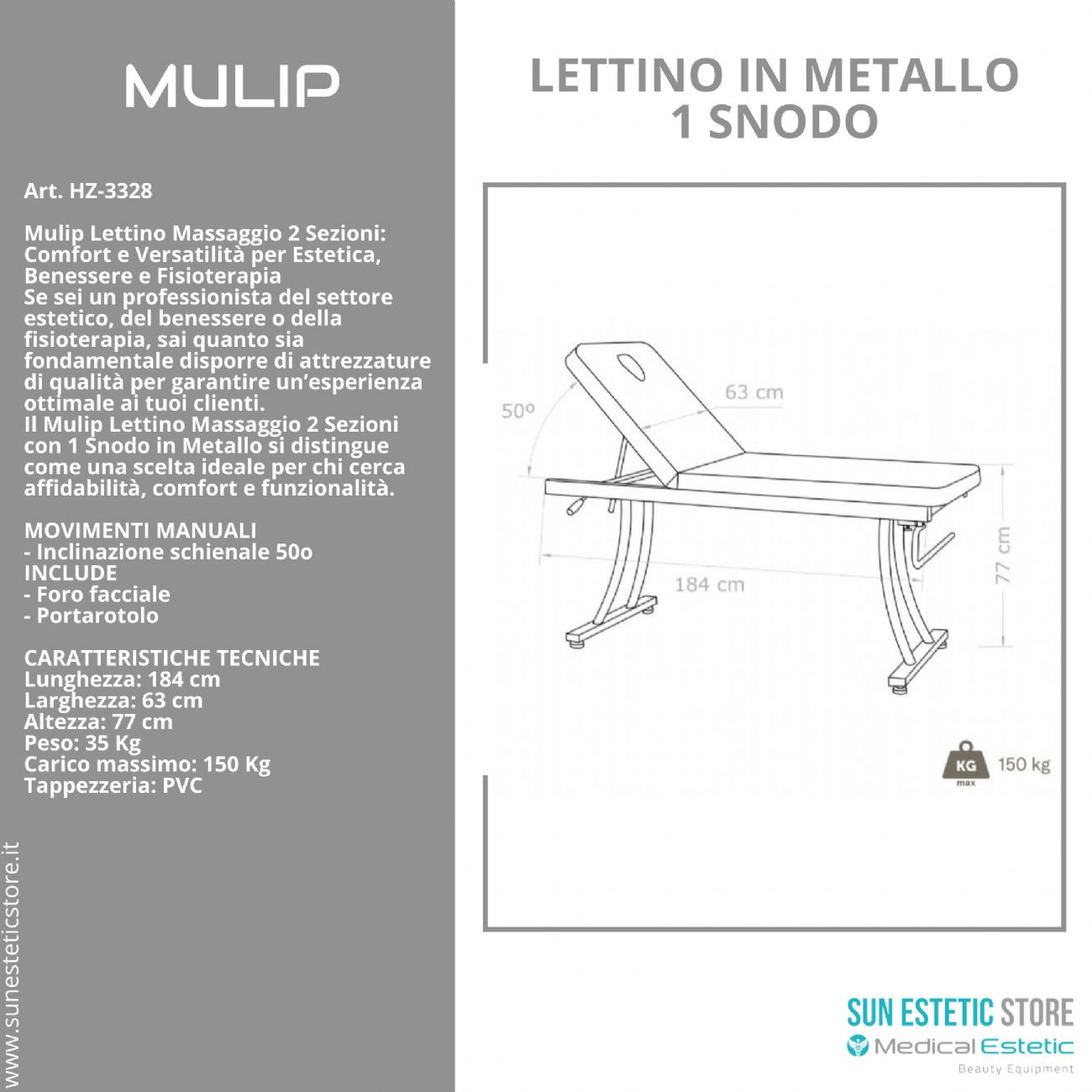 MULIP Lettino massaggio in metallo 1 snodo