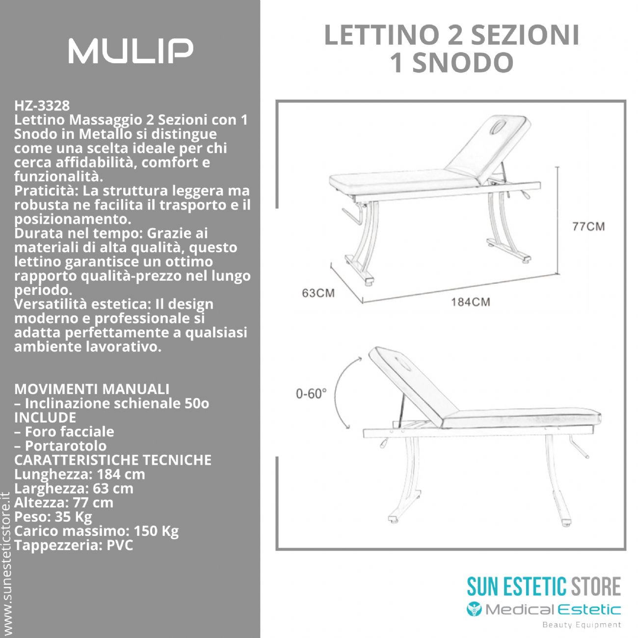 MULIP Lettino massaggio in metallo 1 snodo