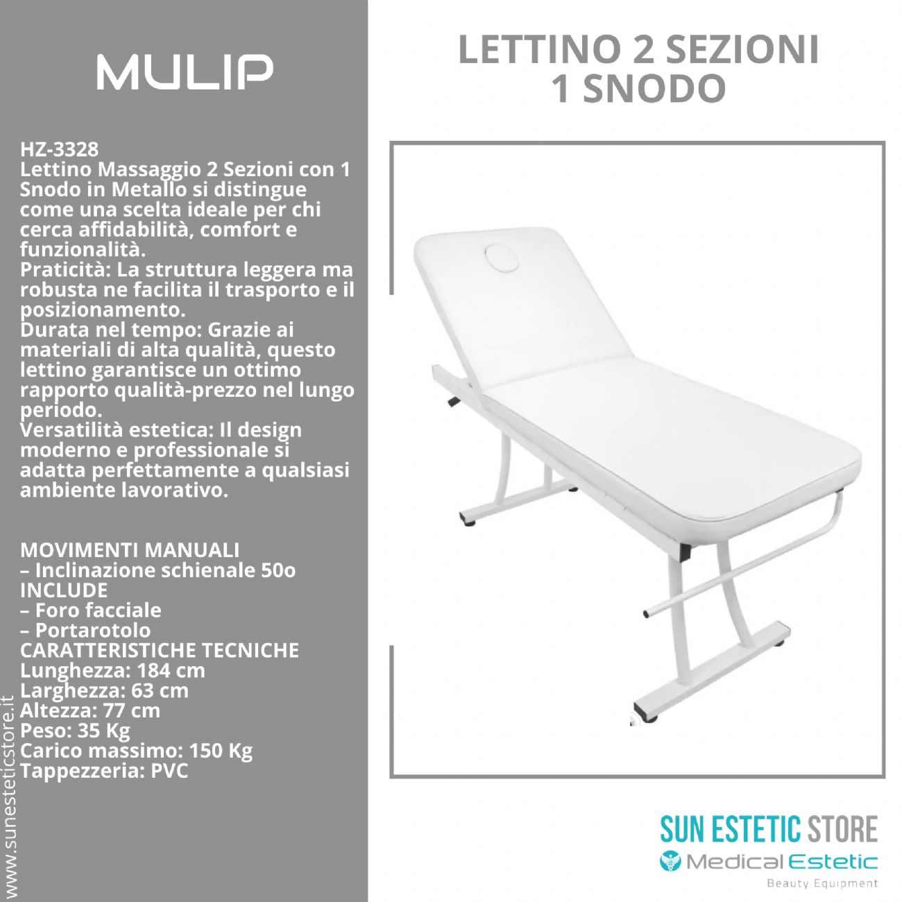 MULIP Lettino massaggio in metallo 1 snodo