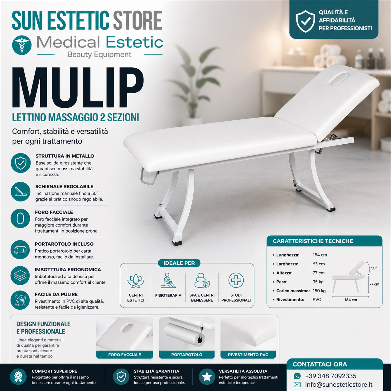 MULIP Lettino massaggio in metallo 1 snodo