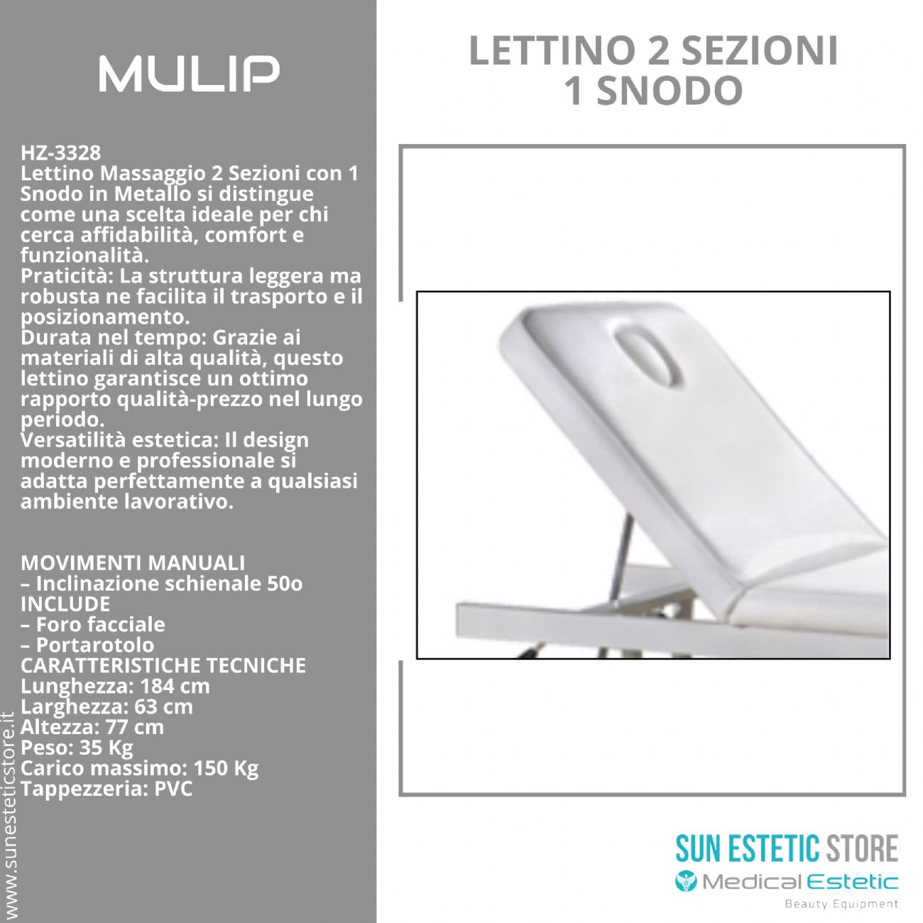 MULIP Lettino massaggio in metallo 1 snodo