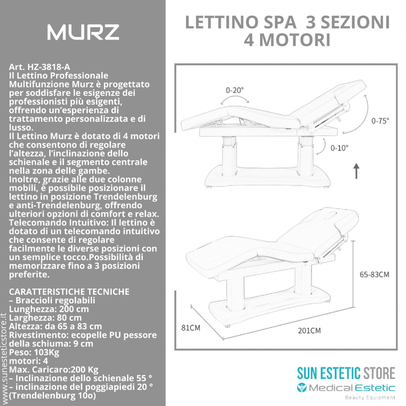 MURZ Lettino elettrico spa 4 motori colore bianco