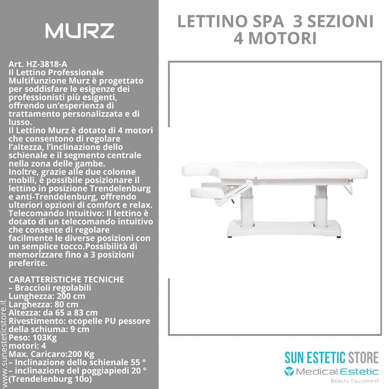 MURZ Lettino elettrico spa 4 motori colore bianco