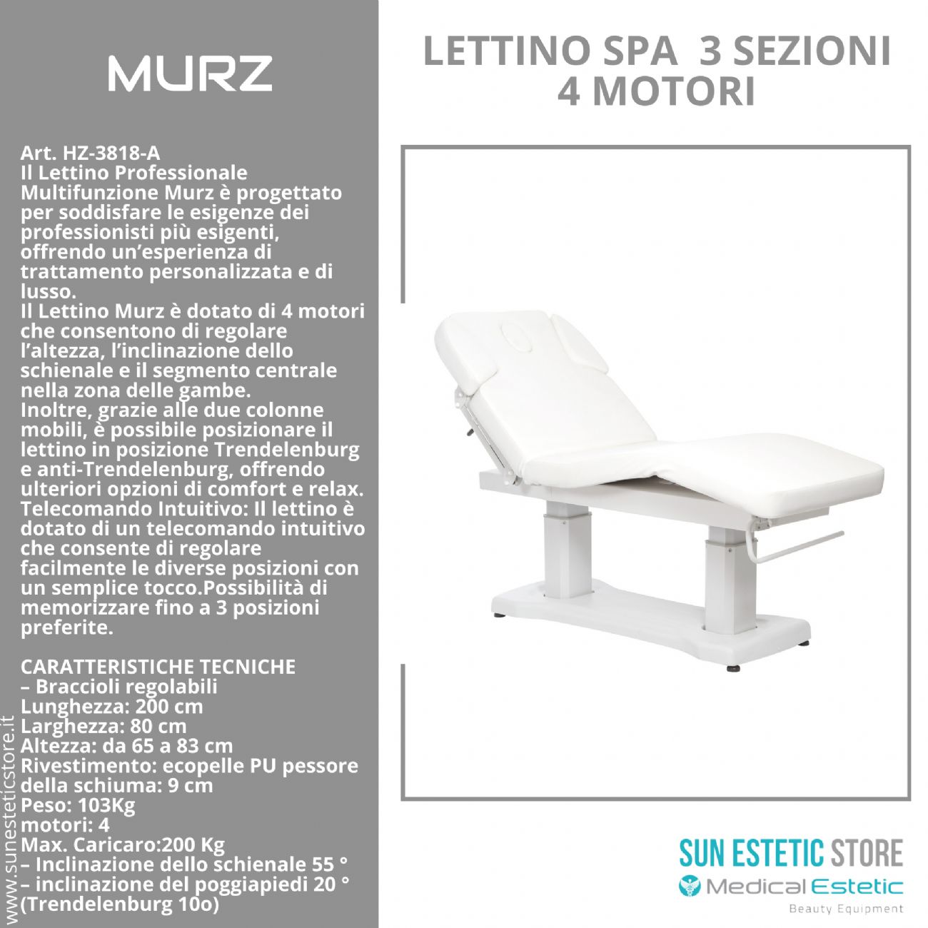 MURZ Lettino elettrico spa 4 motori colore bianco