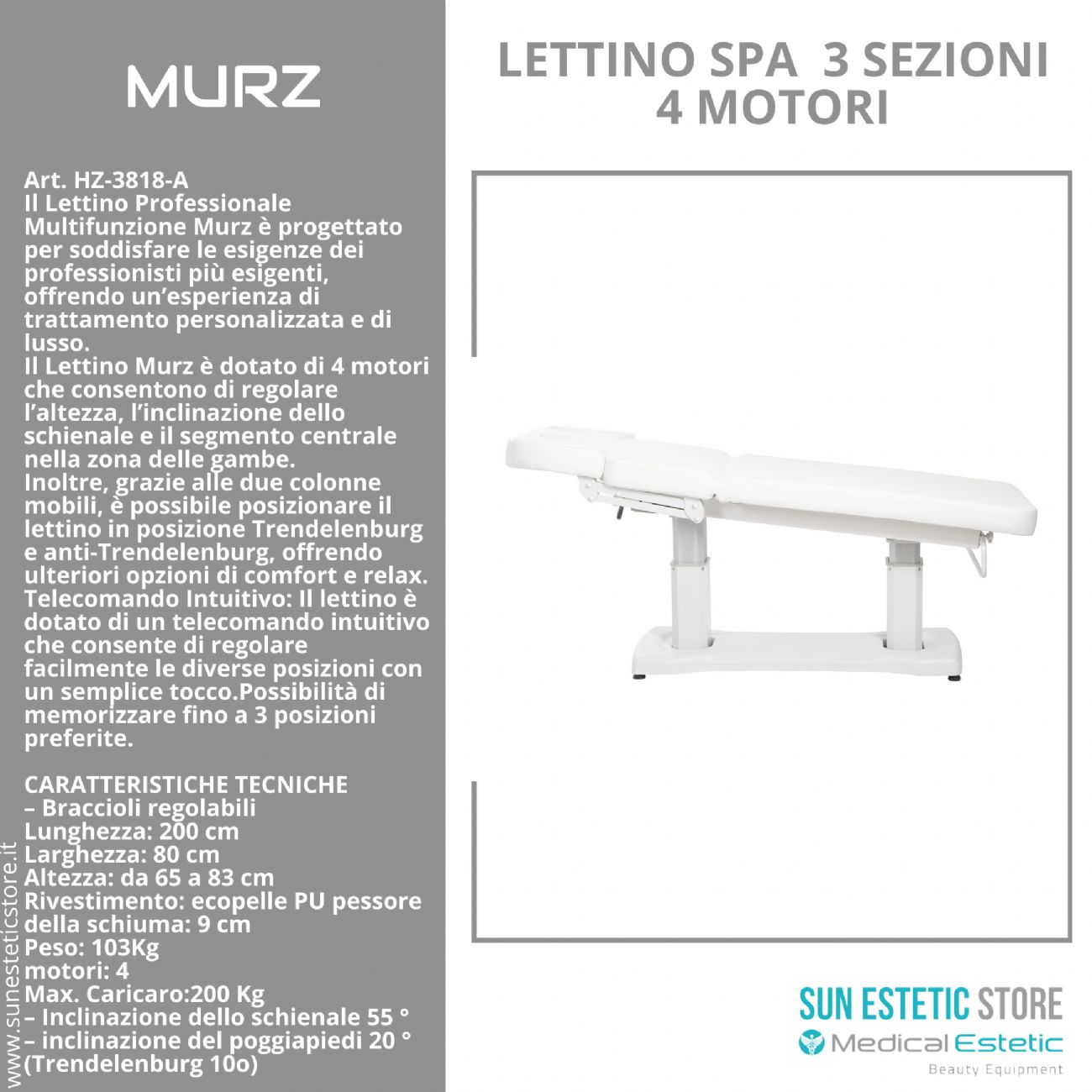 MURZ Lettino elettrico spa 4 motori colore bianco