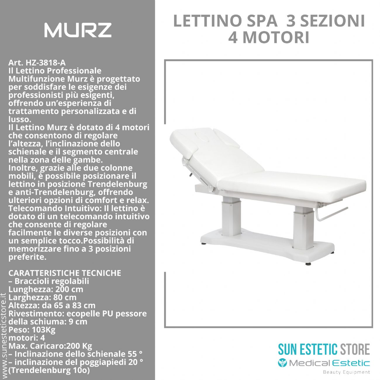 MURZ Lettino elettrico spa 4 motori colore bianco