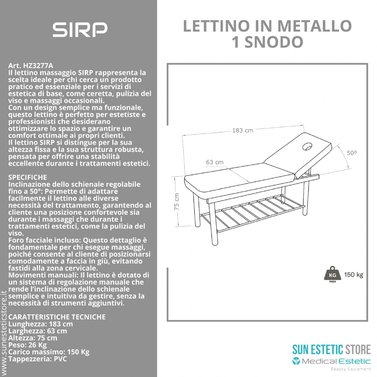 SIRP Lettino massaggio in metallo 1 snodo colore bianco