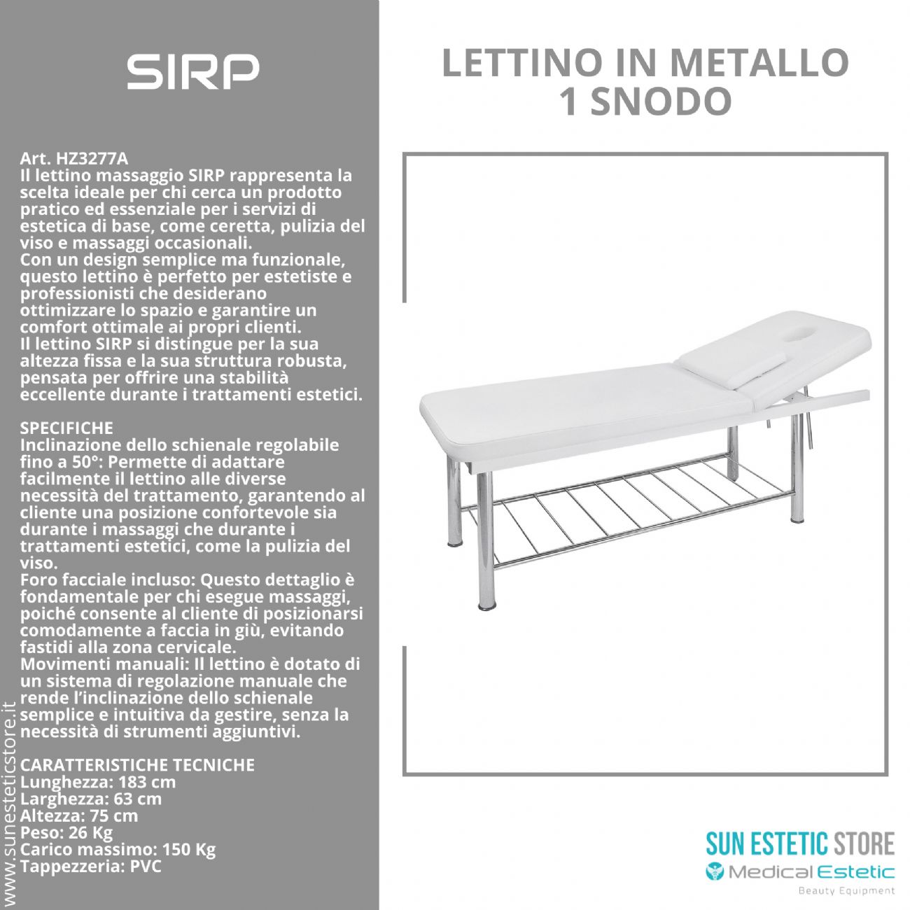 SIRP Lettino massaggio in metallo 1 snodo colore bianco