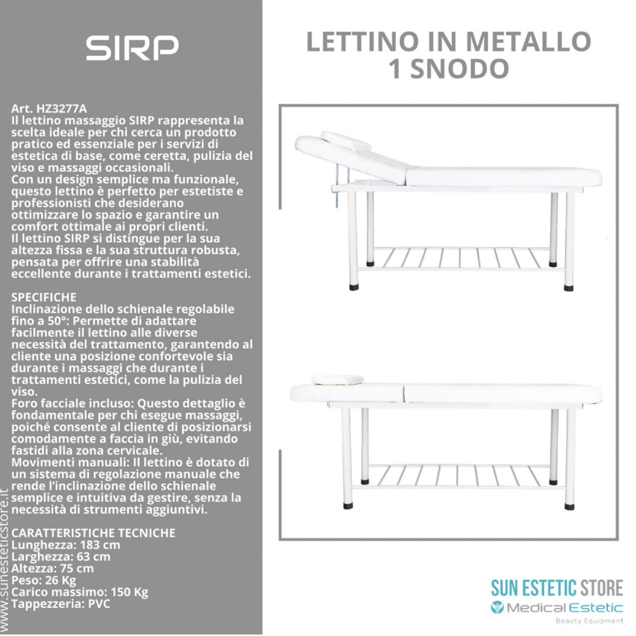 SIRP Lettino massaggio in metallo 1 snodo colore bianco