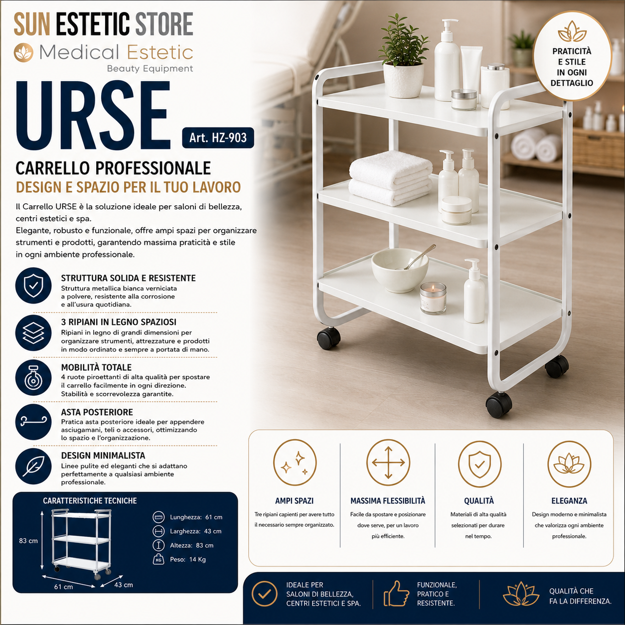 URSE Carrello in metallo con 3 ripiani in legno