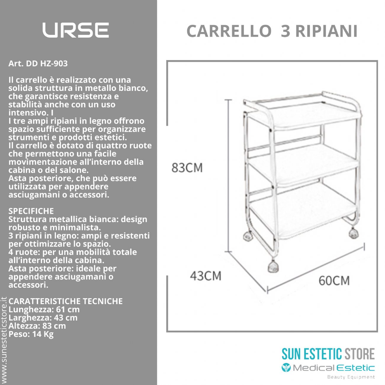 URSE Carrello in metallo con 3 ripiani in legno