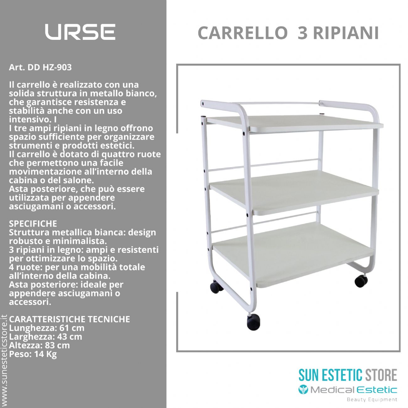 URSE Carrello in metallo con 3 ripiani in legno