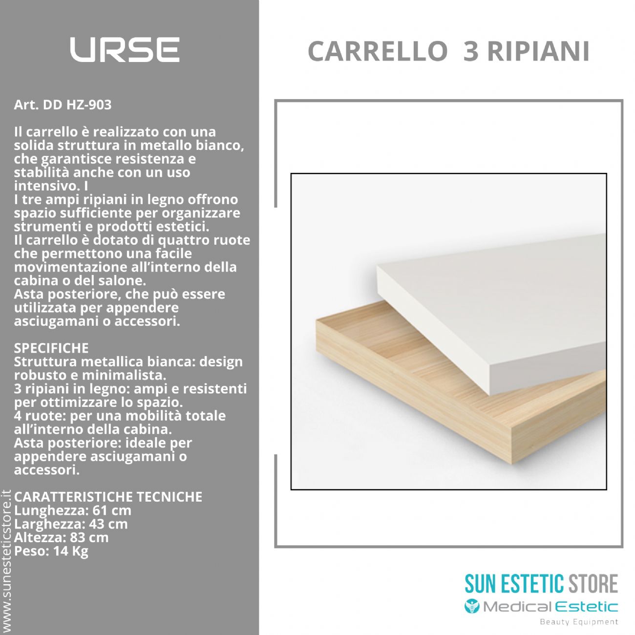 URSE Carrello in metallo con 3 ripiani in legno