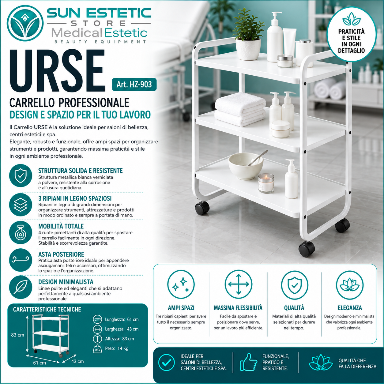 URSE Carrello in metallo con 3 ripiani in legno
