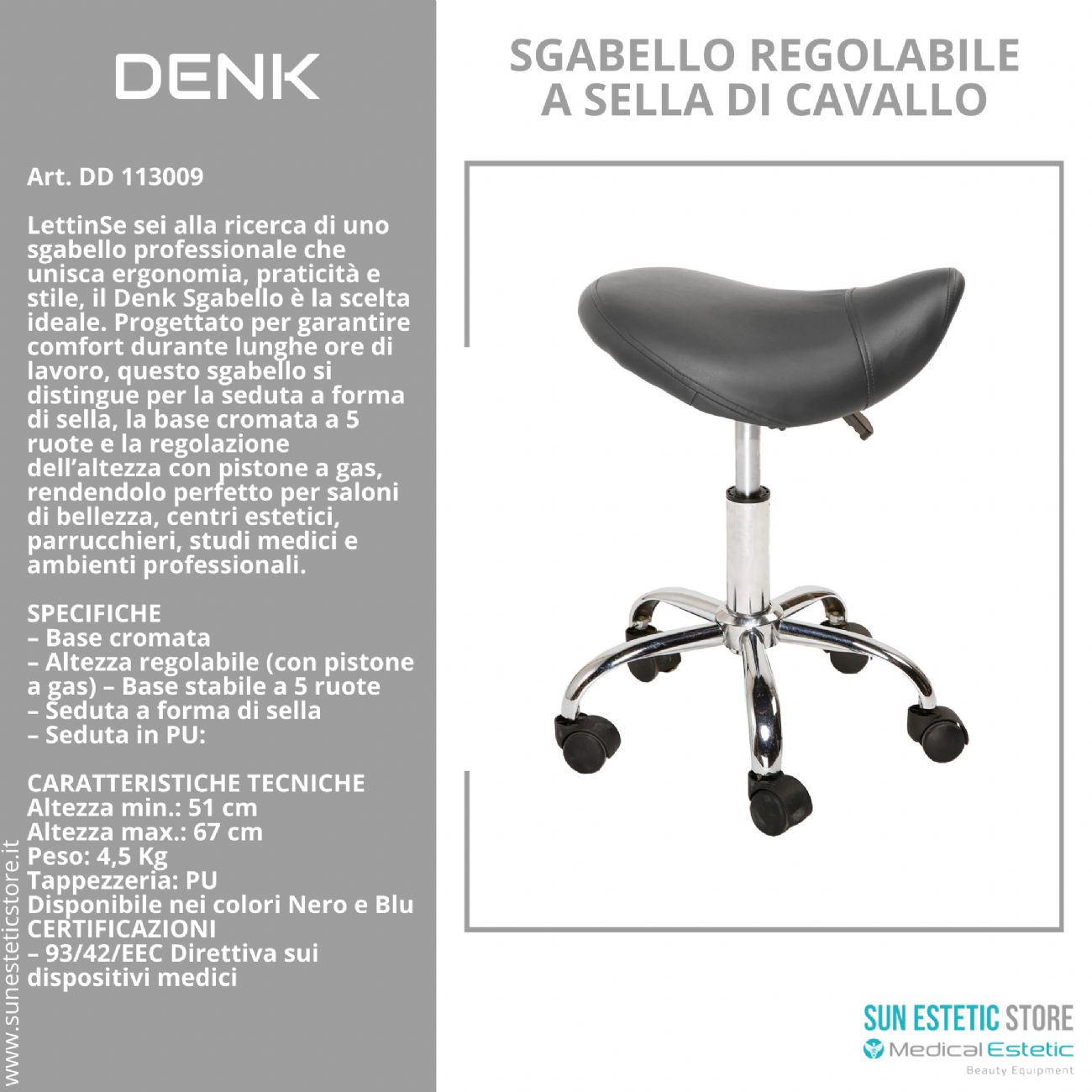 DENK Sgabello regolabile a sella di cavallo senza schienale