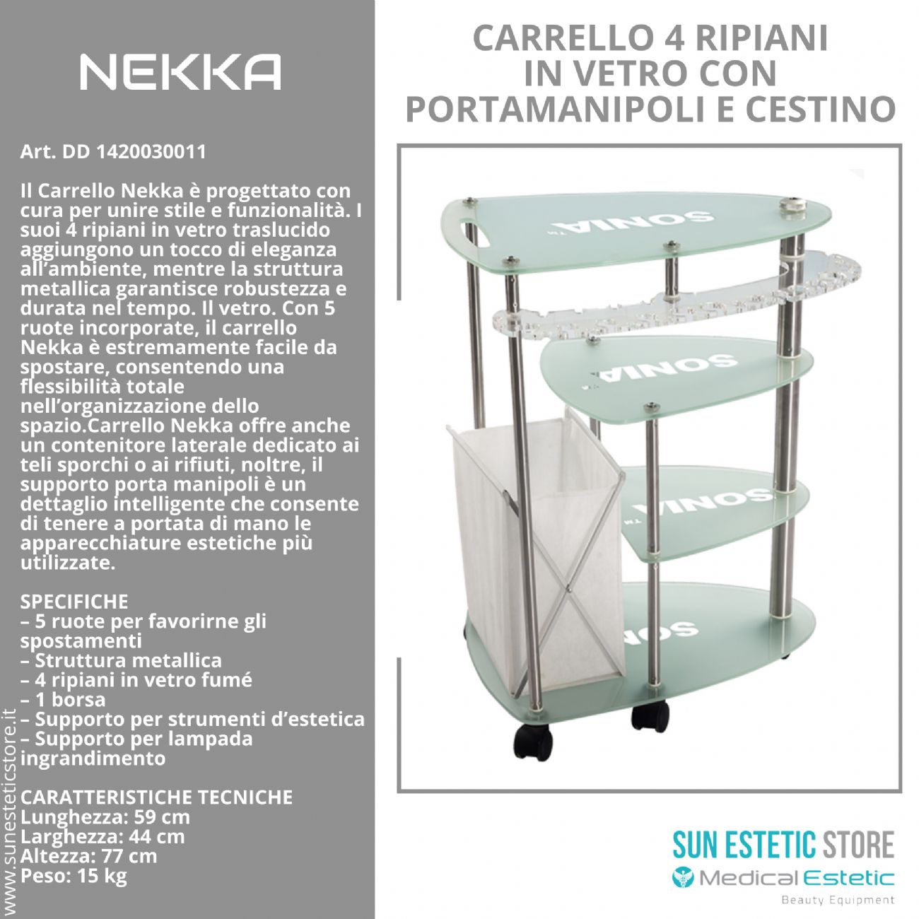 NEKKA Carrello 4 ripiani in vetro  + contenitore