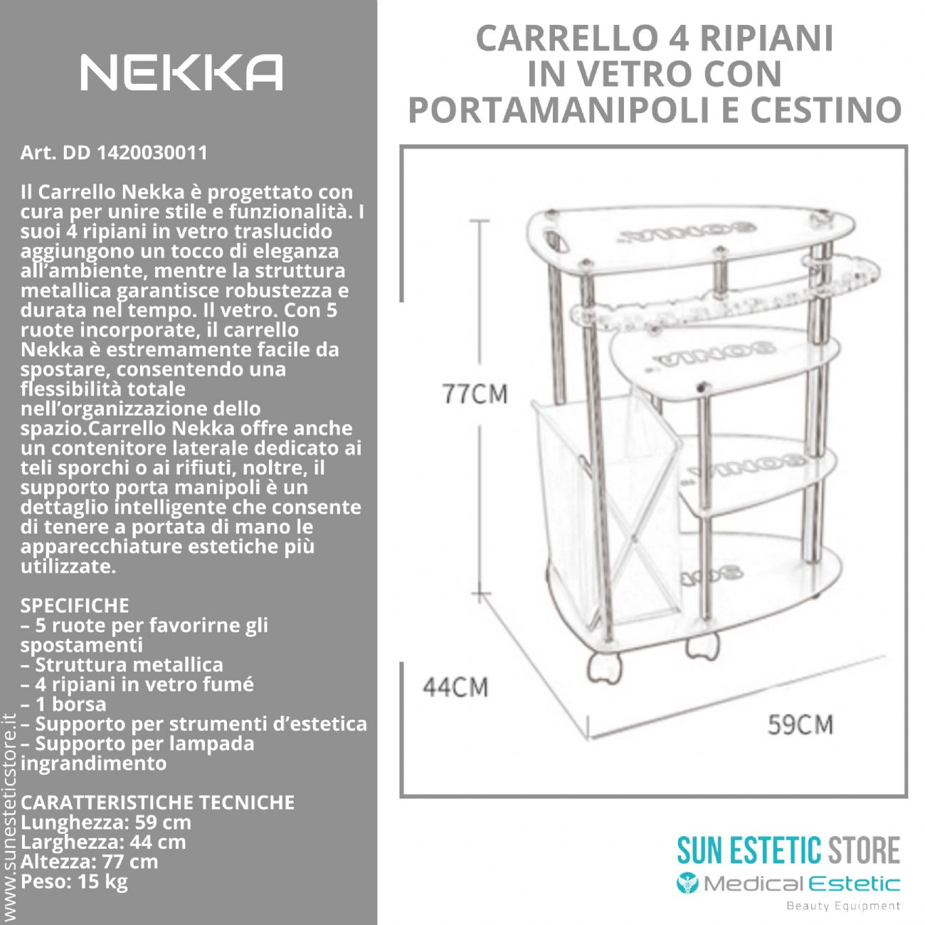 NEKKA Carrello 4 ripiani in vetro  + contenitore