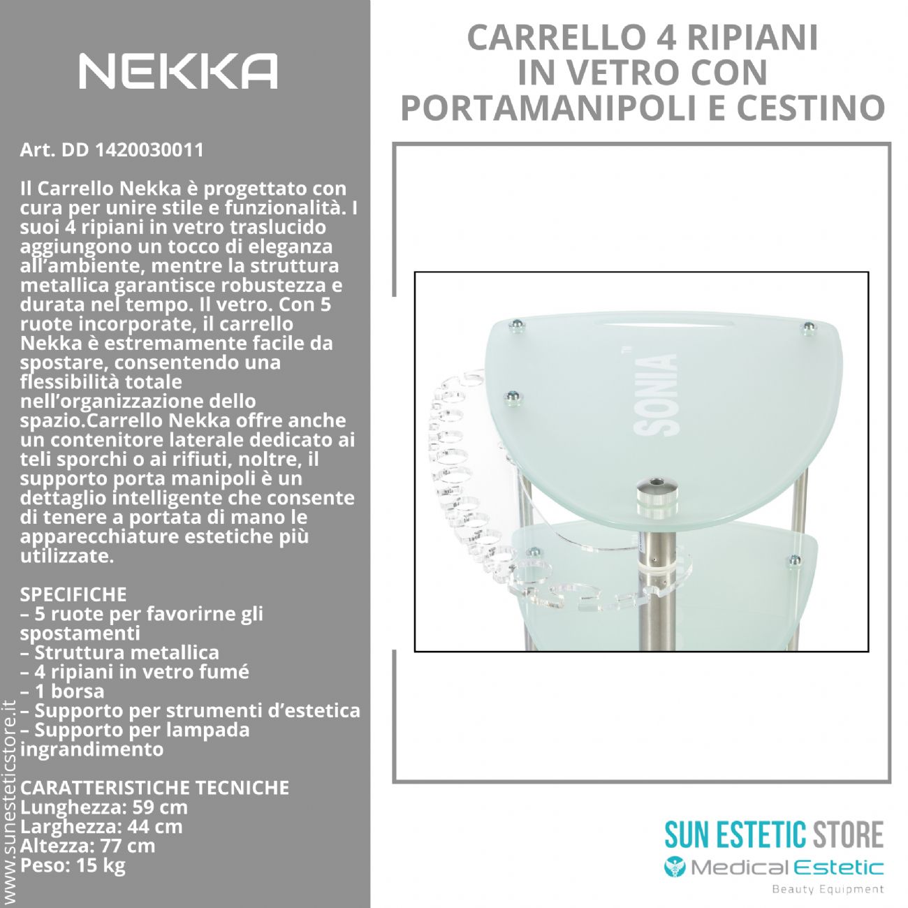 NEKKA Carrello 4 ripiani in vetro  + contenitore