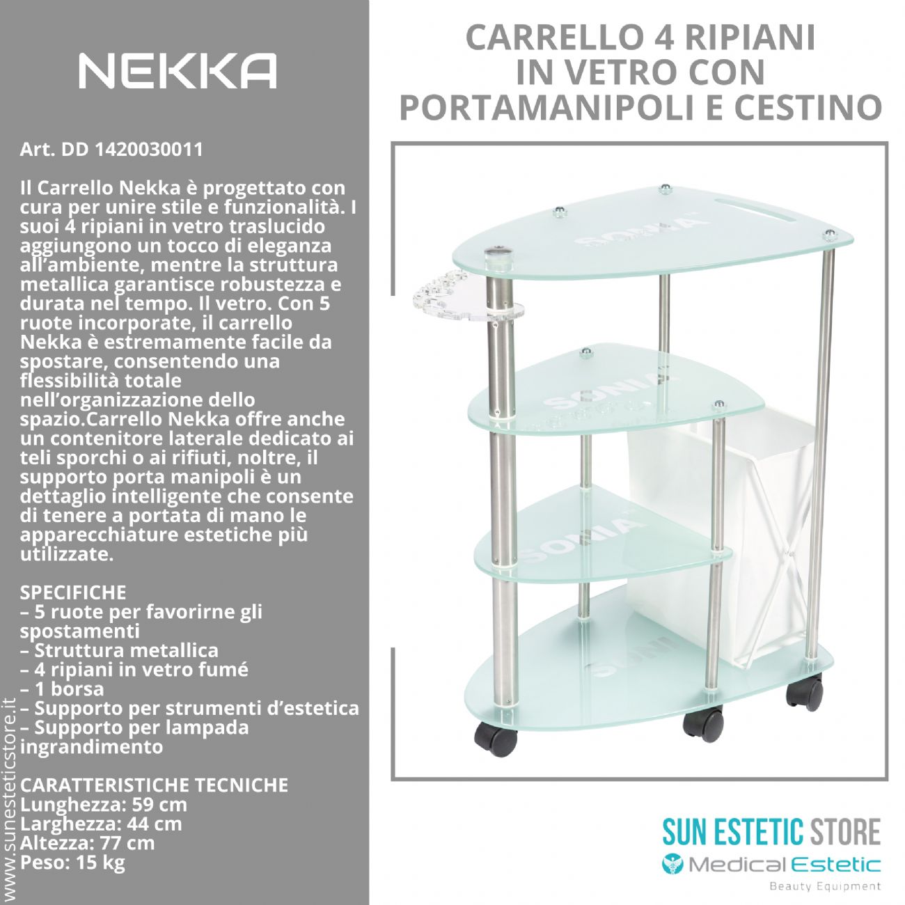 NEKKA Carrello 4 ripiani in vetro  + contenitore