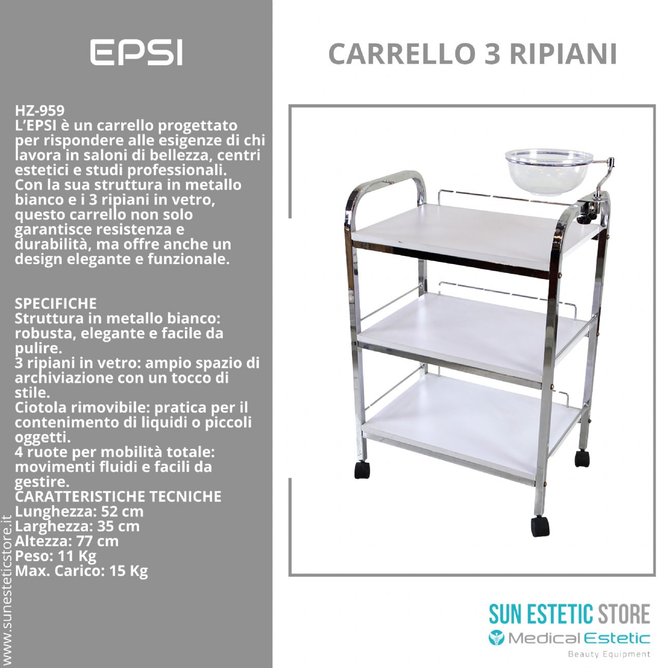 EPSI Carrello 3 ripiani con ciotola manicure