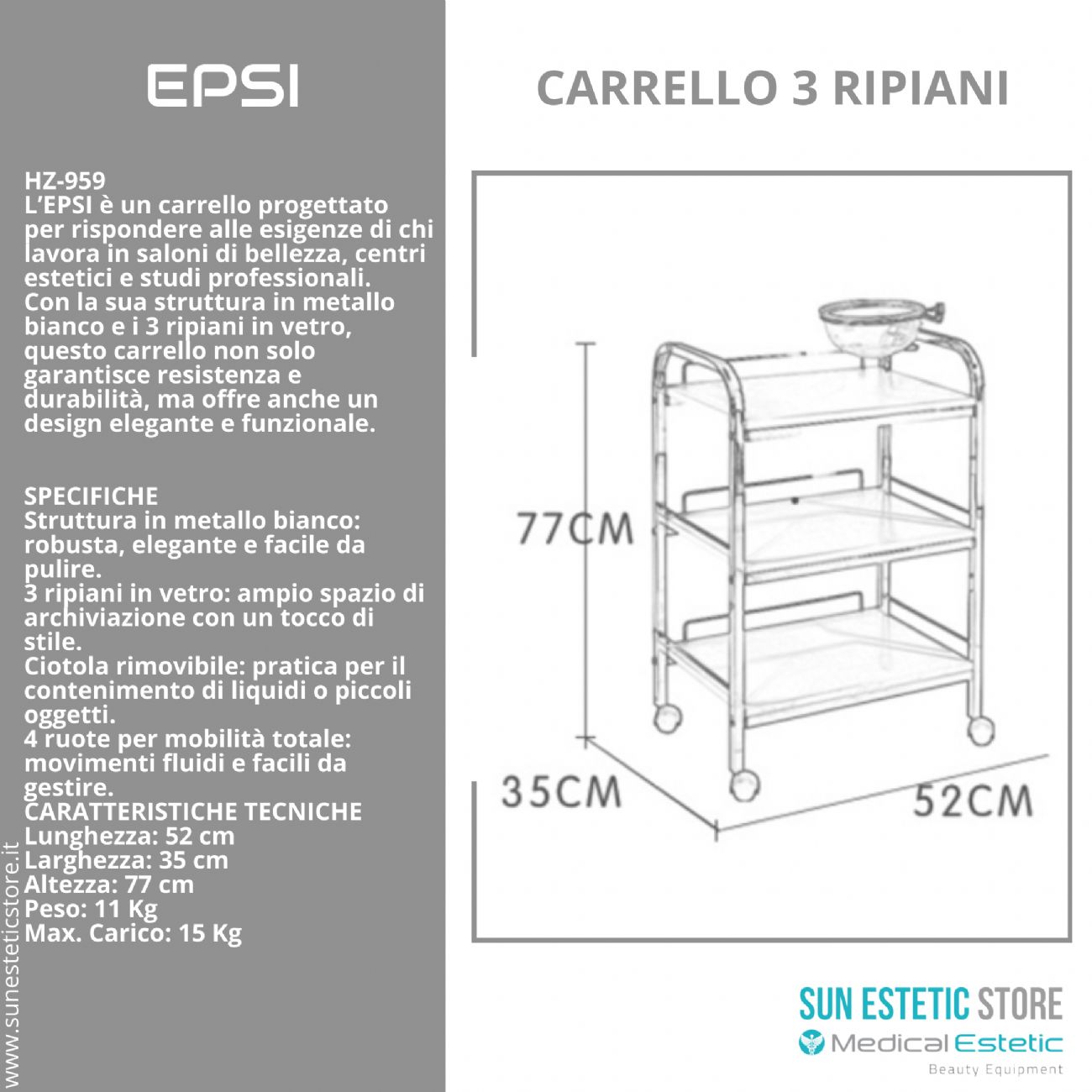 EPSI Carrello 3 ripiani con ciotola manicure