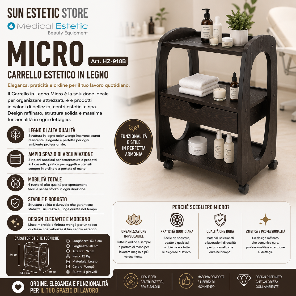MICRO Carrello 3 ripiani in legno colore nero
