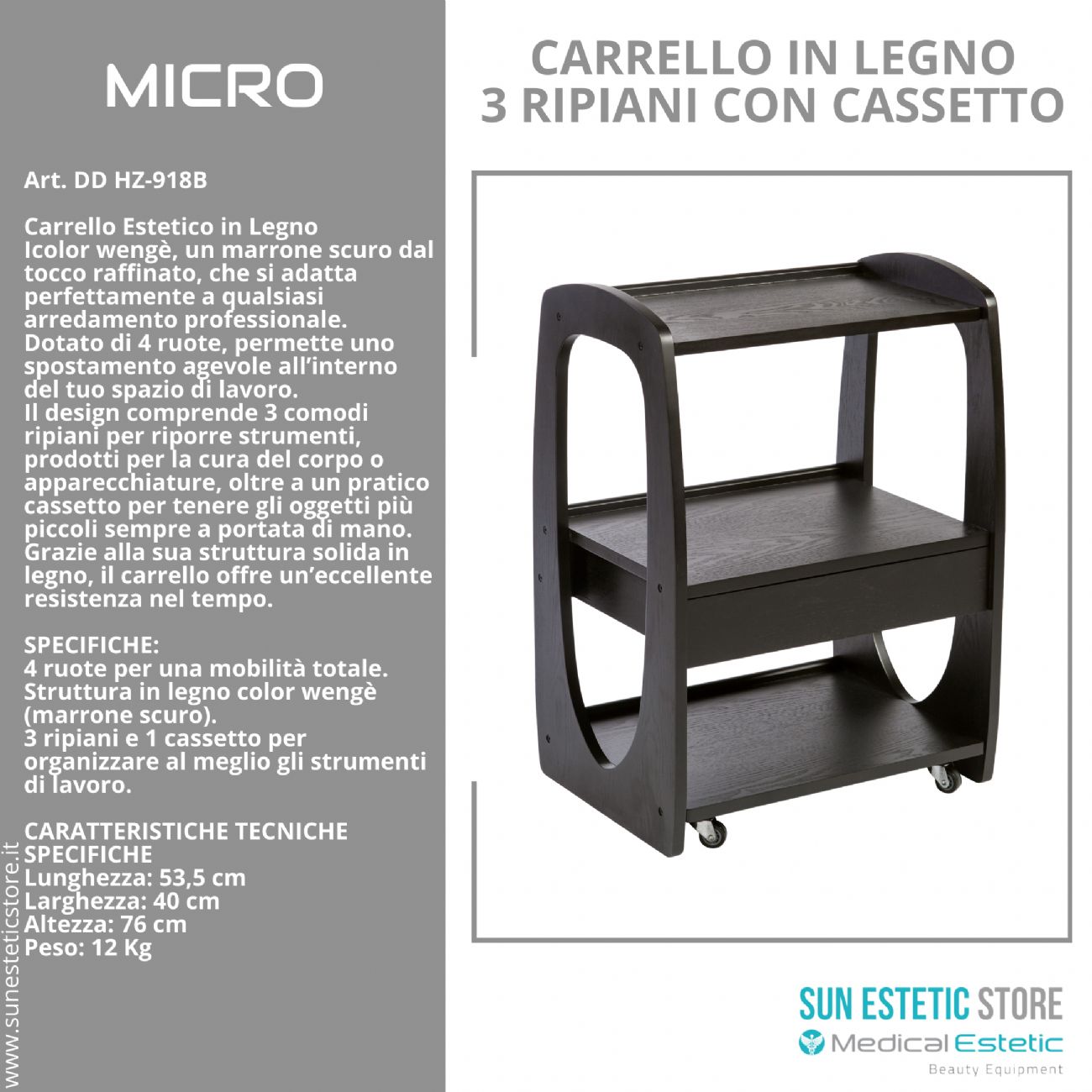 MICRO Carrello 3 ripiani in legno colore nero