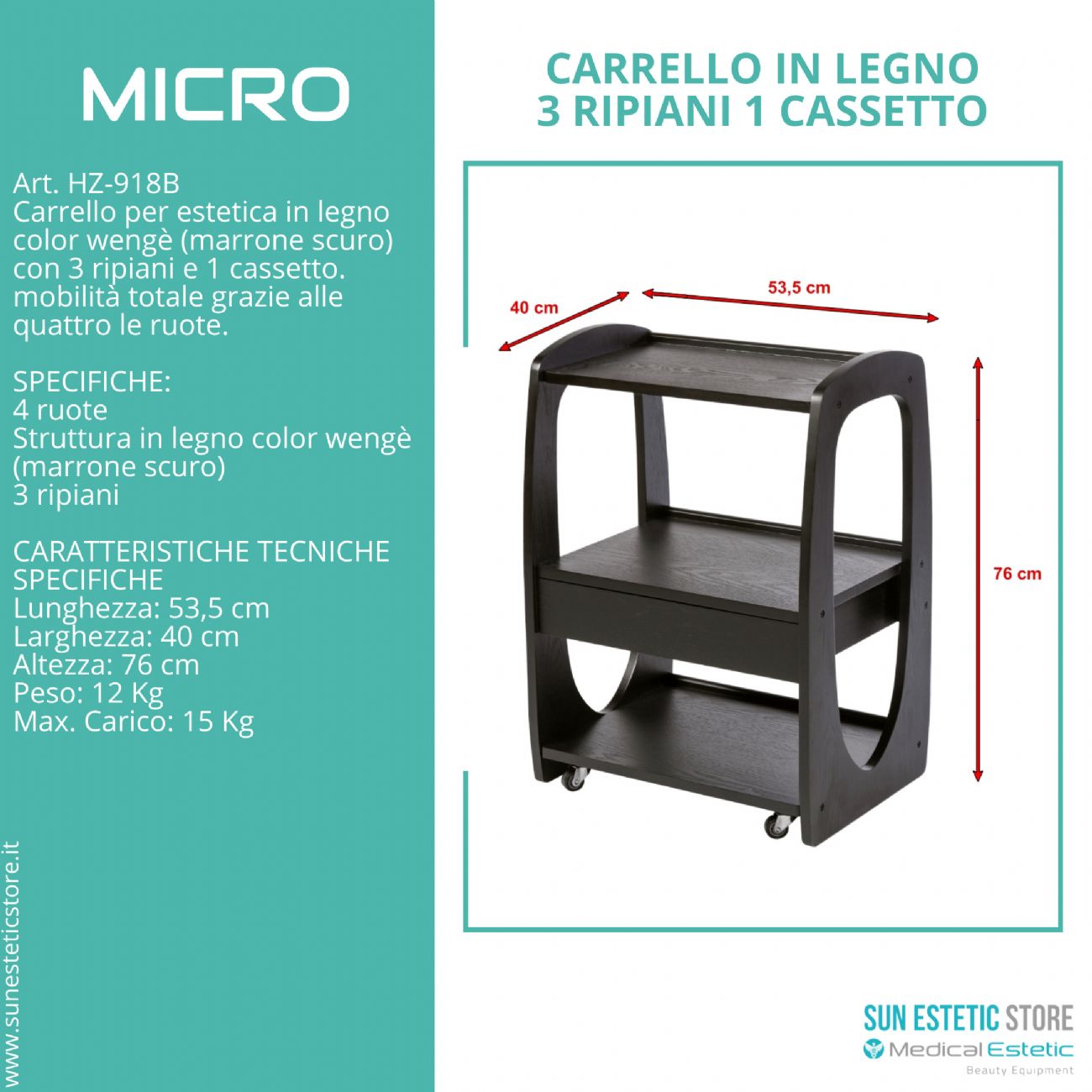 MICRO Carrello 3 ripiani in legno colore nero