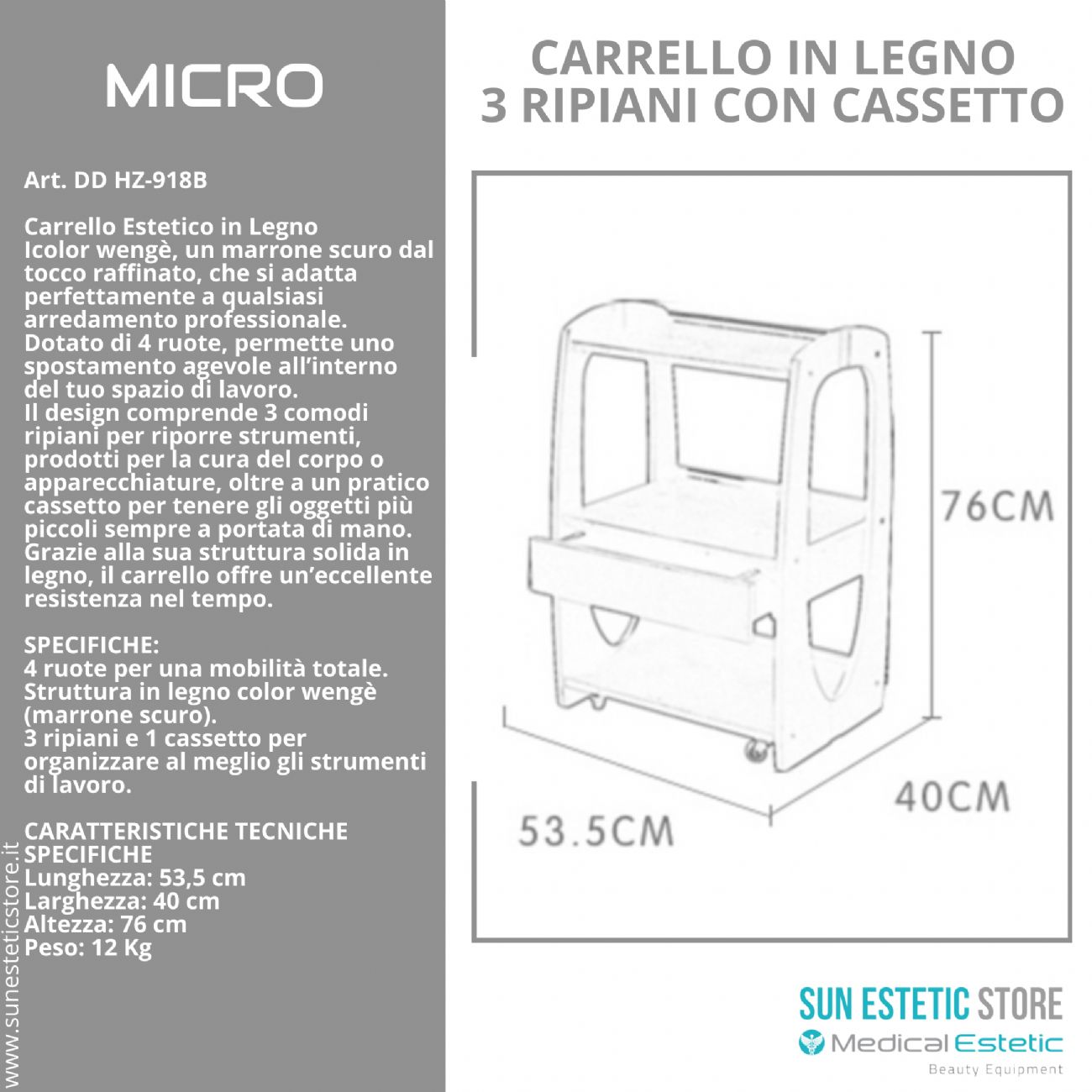 MICRO Carrello 3 ripiani in legno colore nero