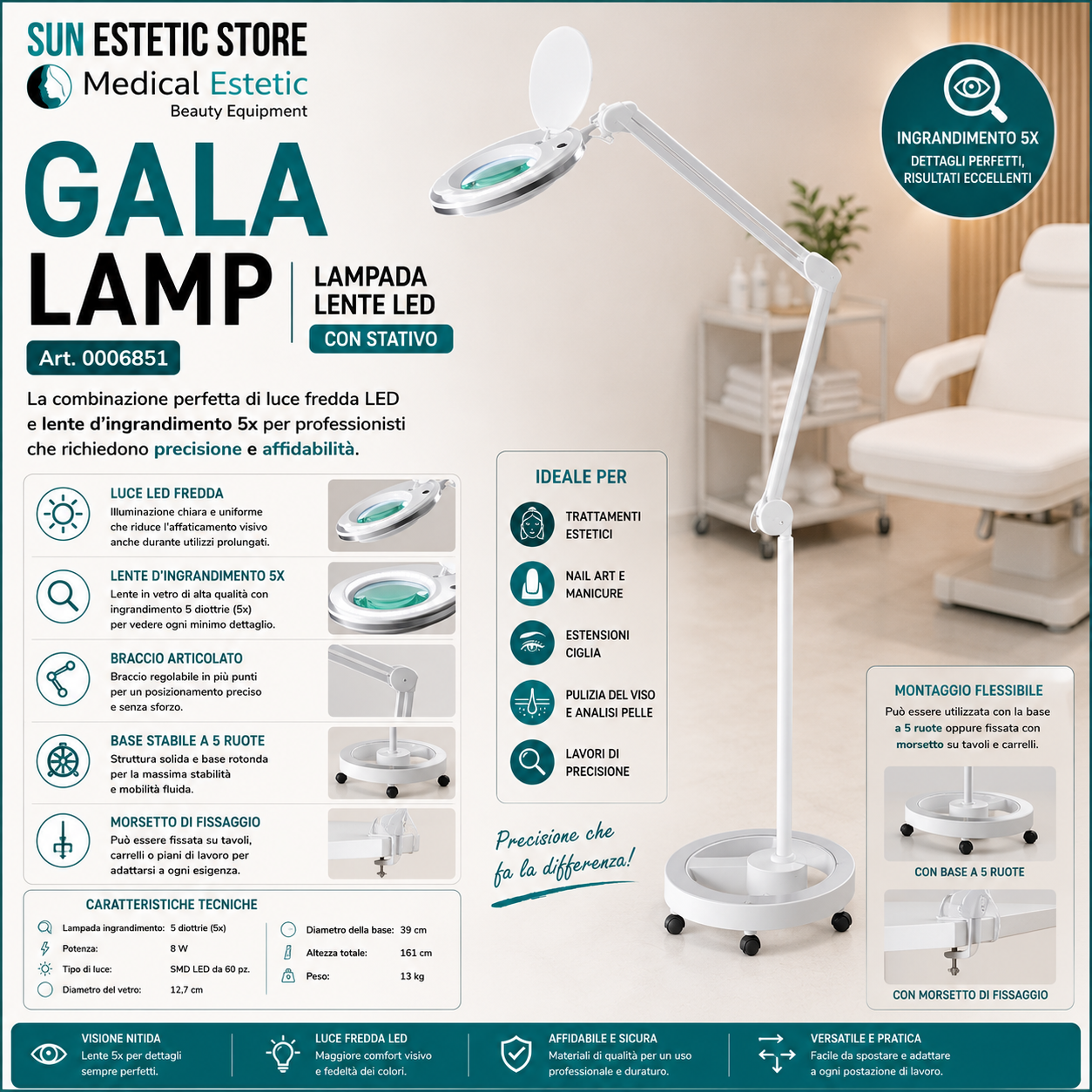 GALA LAMP Lampada lente Led  completa di stativo