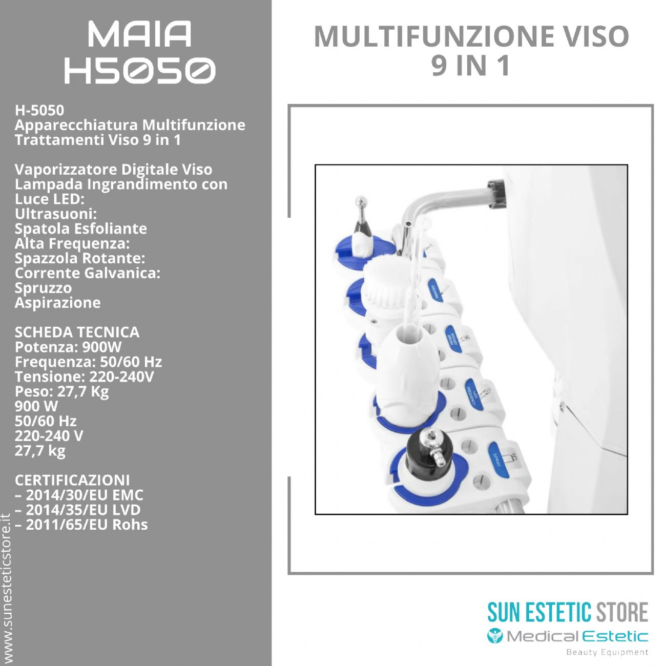 MAIA TORRE MULTIFUNZIONE<br />- Vaporizzatore<br />- Lampada led<br />- Ultrasuoni<br />- Skin Scrubber<br />- Alta frequenza<br />- Spazzola rotante<br />- Corrente galvanica<br />- Aspirazione