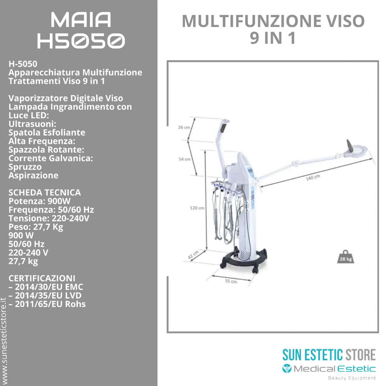 MAIA TORRE MULTIFUNZIONE<br />- Vaporizzatore<br />- Lampada led<br />- Ultrasuoni<br />- Skin Scrubber<br />- Alta frequenza<br />- Spazzola rotante<br />- Corrente galvanica<br />- Aspirazione