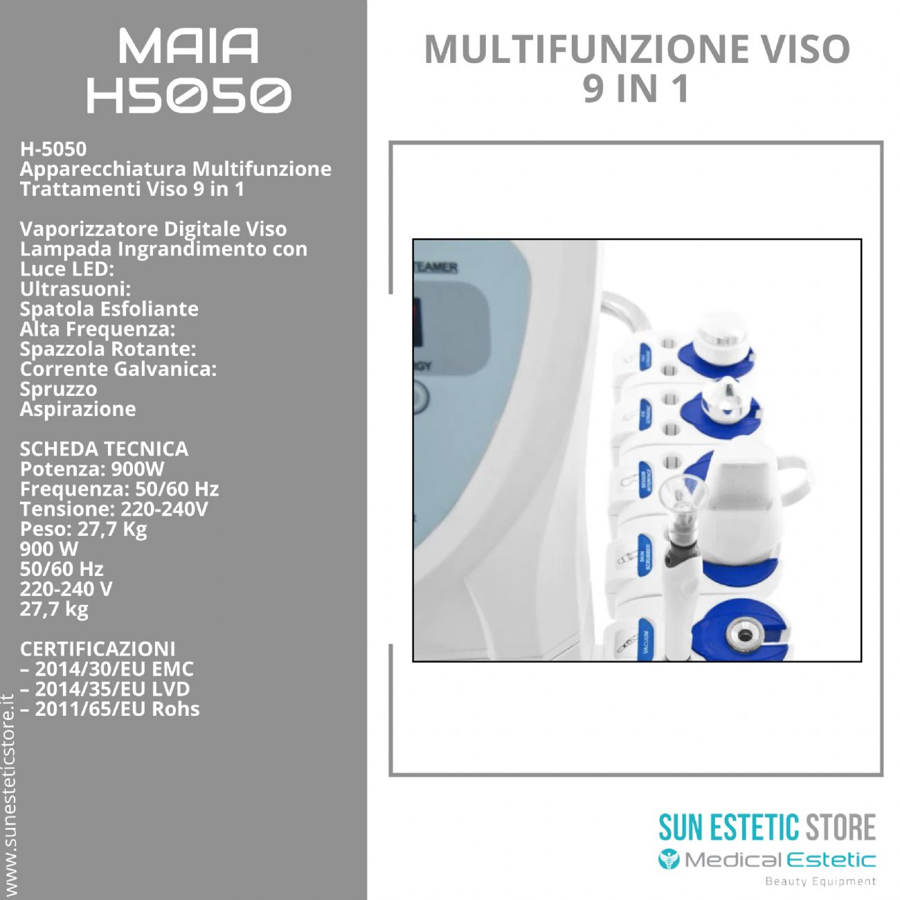 MAIA TORRE MULTIFUNZIONE<br />- Vaporizzatore<br />- Lampada led<br />- Ultrasuoni<br />- Skin Scrubber<br />- Alta frequenza<br />- Spazzola rotante<br />- Corrente galvanica<br />- Aspirazione