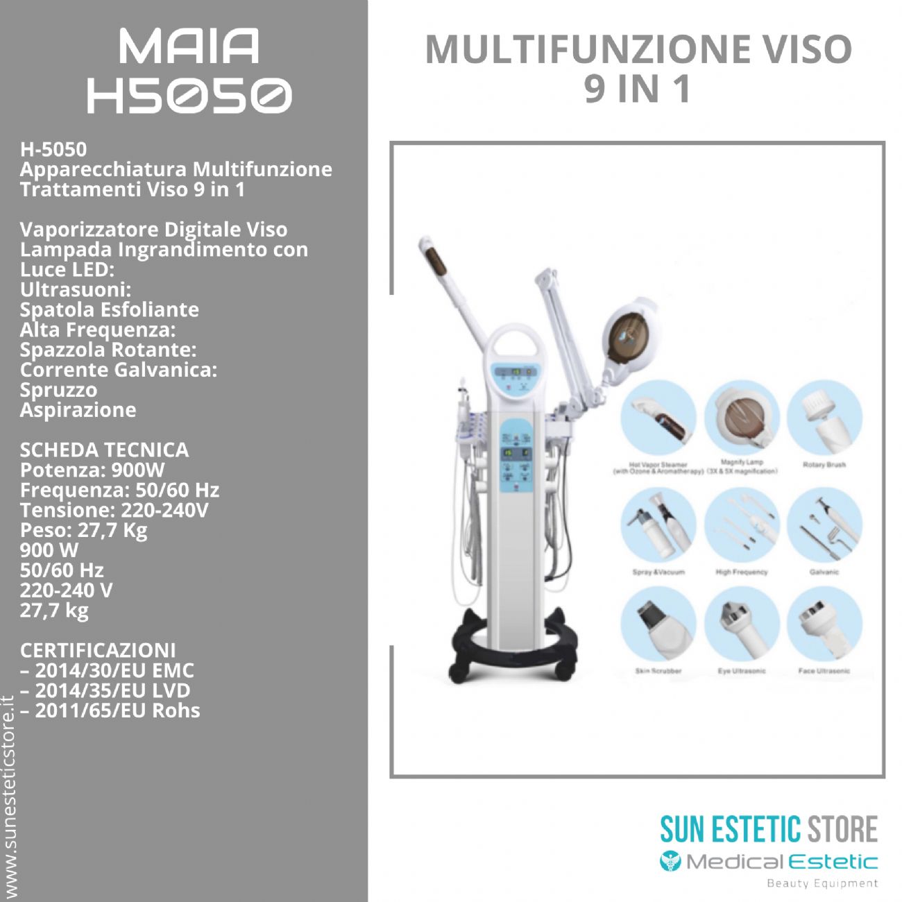 MAIA TORRE MULTIFUNZIONE<br />- Vaporizzatore<br />- Lampada led<br />- Ultrasuoni<br />- Skin Scrubber<br />- Alta frequenza<br />- Spazzola rotante<br />- Corrente galvanica<br />- Aspirazione