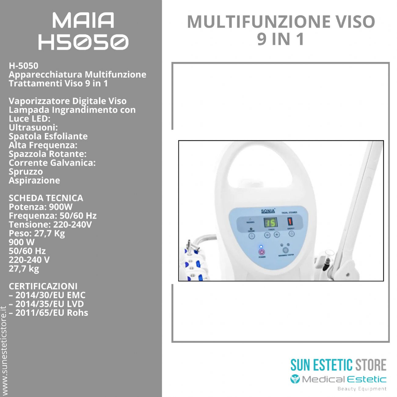 MAIA TORRE MULTIFUNZIONE<br />- Vaporizzatore<br />- Lampada led<br />- Ultrasuoni<br />- Skin Scrubber<br />- Alta frequenza<br />- Spazzola rotante<br />- Corrente galvanica<br />- Aspirazione