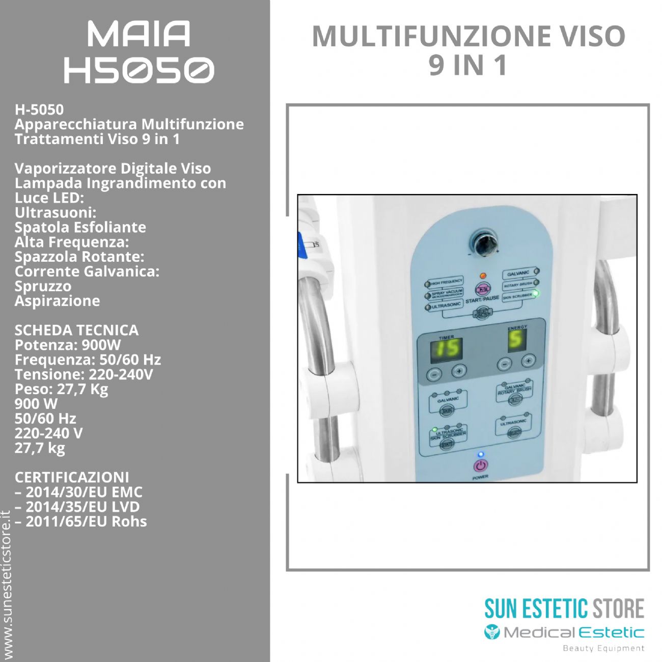 MAIA TORRE MULTIFUNZIONE<br />- Vaporizzatore<br />- Lampada led<br />- Ultrasuoni<br />- Skin Scrubber<br />- Alta frequenza<br />- Spazzola rotante<br />- Corrente galvanica<br />- Aspirazione