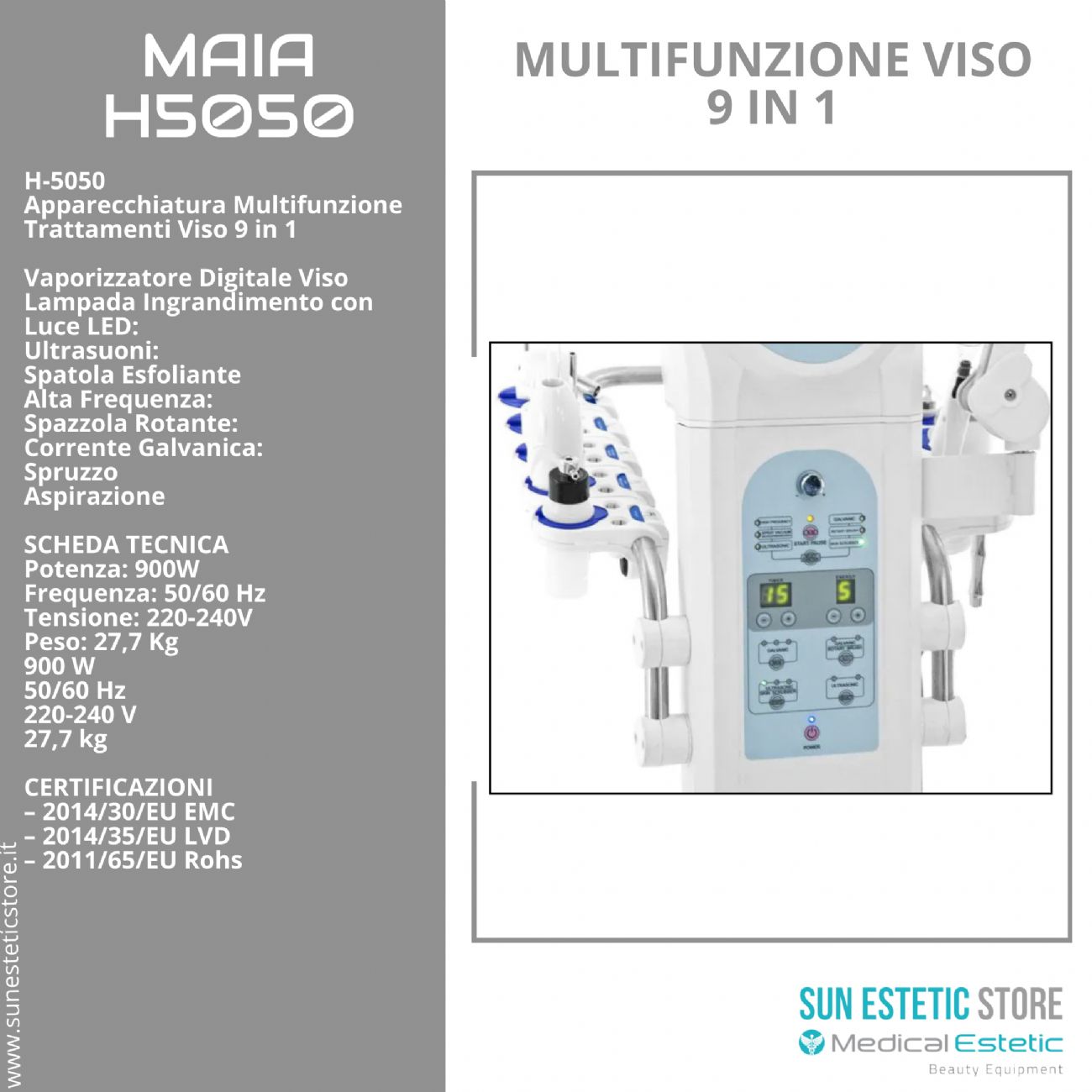 MAIA TORRE MULTIFUNZIONE<br />- Vaporizzatore<br />- Lampada led<br />- Ultrasuoni<br />- Skin Scrubber<br />- Alta frequenza<br />- Spazzola rotante<br />- Corrente galvanica<br />- Aspirazione