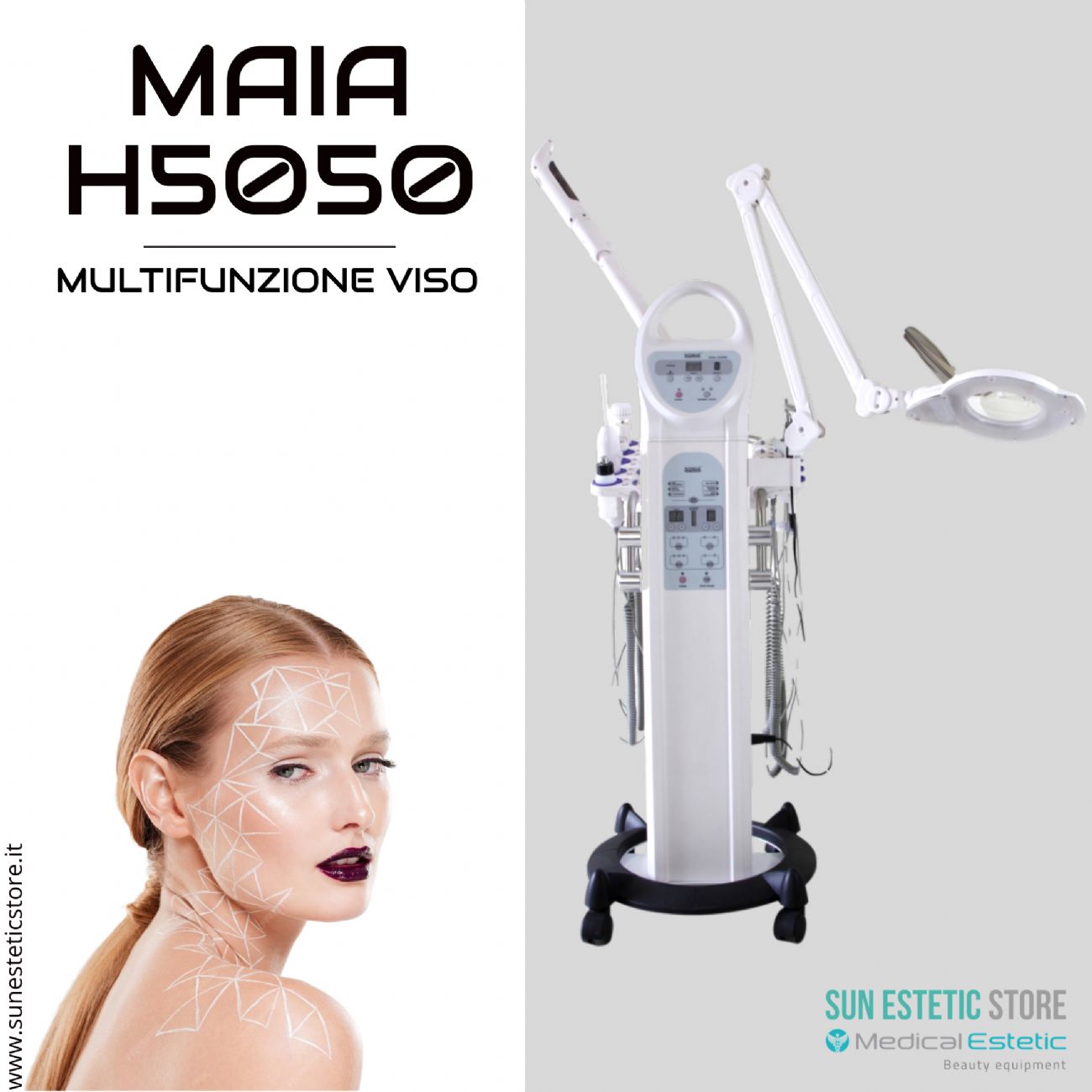 MAIA TORRE MULTIFUNZIONE<br />- Vaporizzatore<br />- Lampada led<br />- Ultrasuoni<br />- Skin Scrubber<br />- Alta frequenza<br />- Spazzola rotante<br />- Corrente galvanica<br />- Aspirazione
