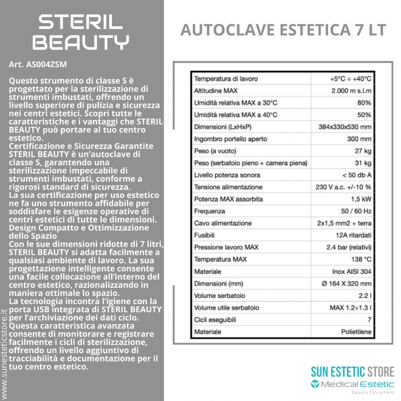 Steril Beauty Autoclave a vapore 7 Lt sterilizzazione attrezzi estetica