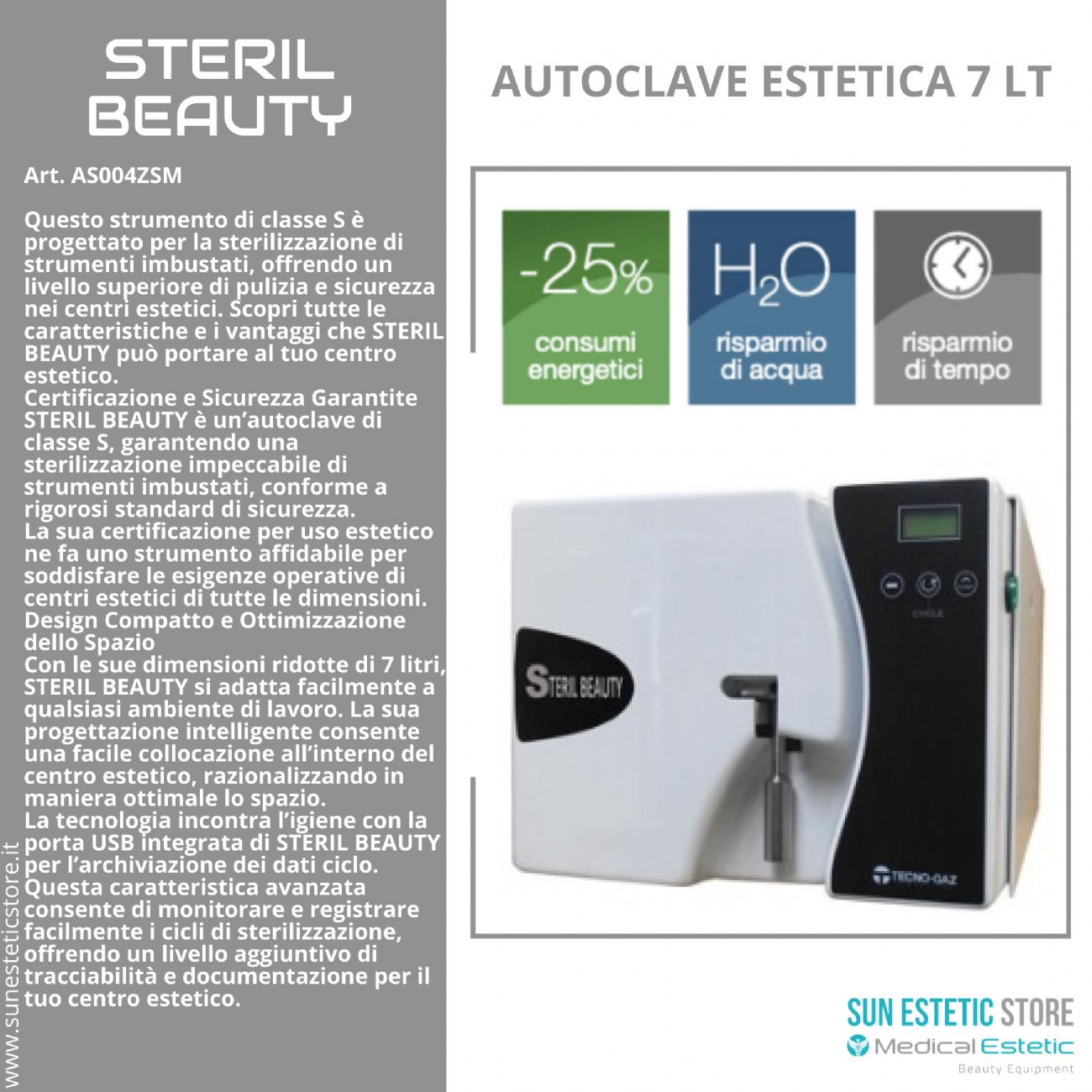 Steril Beauty Autoclave a vapore 7 Lt sterilizzazione attrezzi estetica