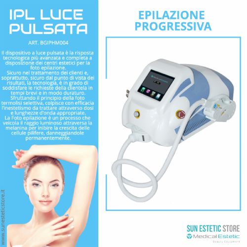 IPL - Luce pulsata portatile<br />- Manipolo con dotazione filtri 640, 690nm e altri filtri su richiesta<br />- Superficie cristallo 15*50 mm<br />- Display Touch screen 7,0''