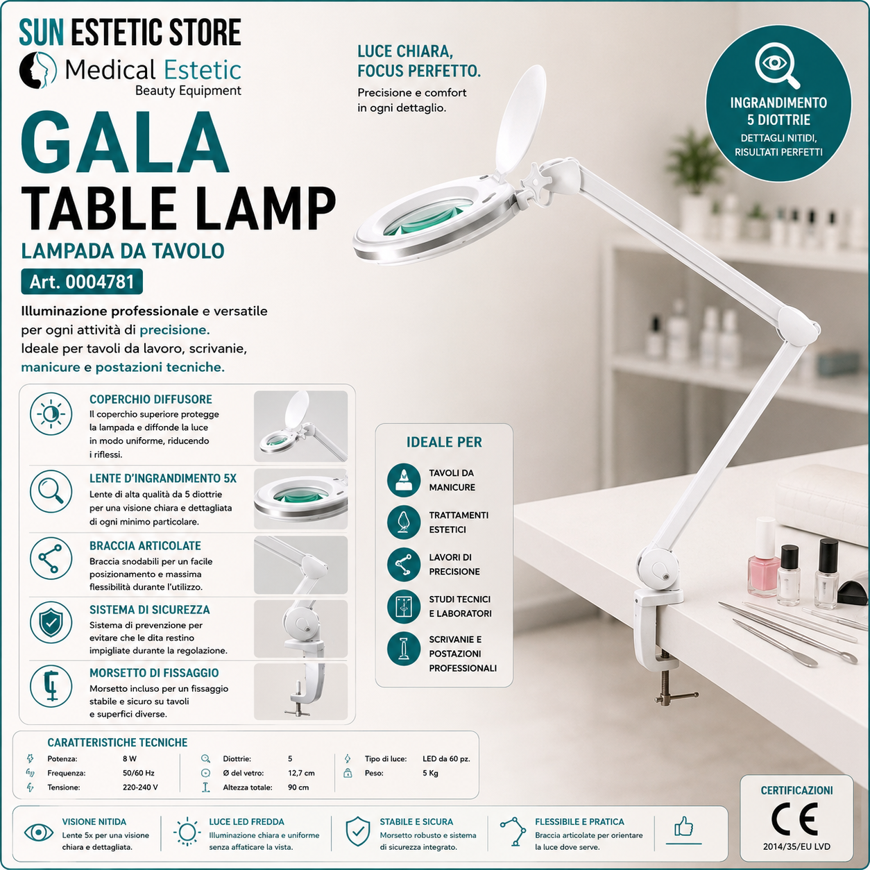 GALA TABLE Lampada lente led da tavolo completa di morsetto