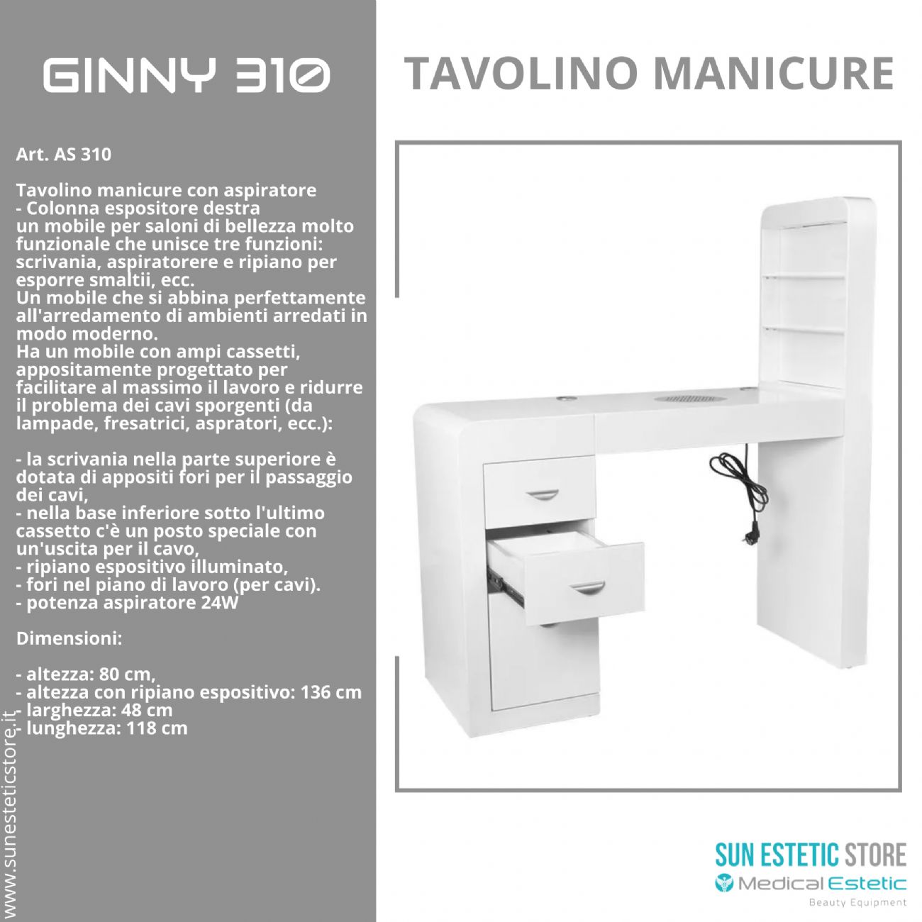 GINNY  310<br />Tavolino ricostruzione unghie illuminato