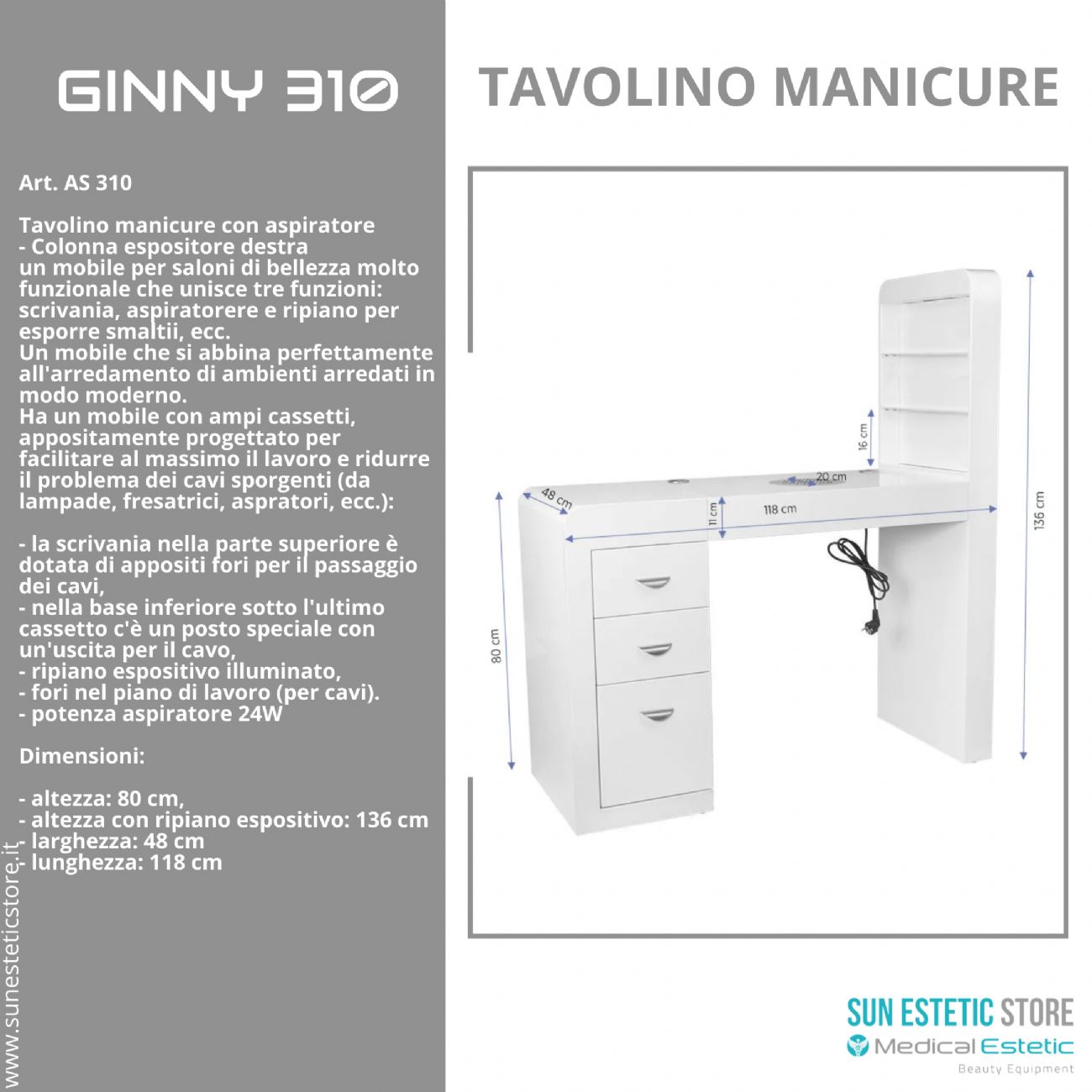 GINNY  310<br />Tavolino ricostruzione unghie illuminato