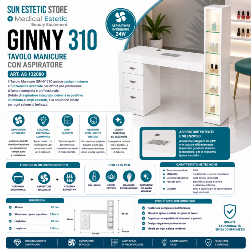 GINNY  310<br />Tavolino ricostruzione unghie illuminato
