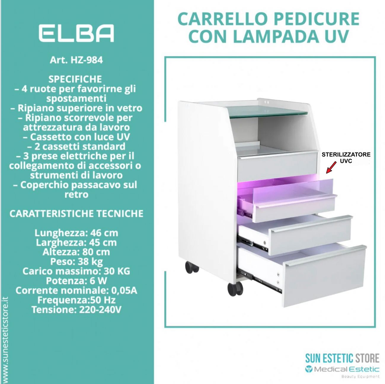 ELBA Carrello pedicure con luce UV