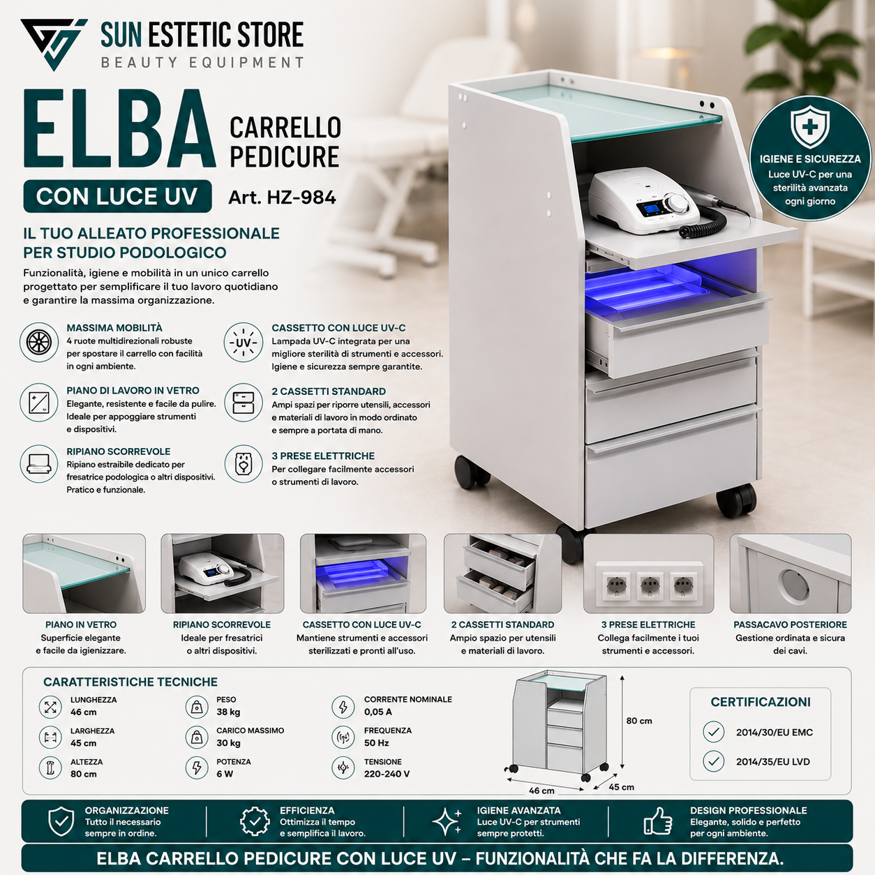 ELBA Carrello pedicure con luce UV